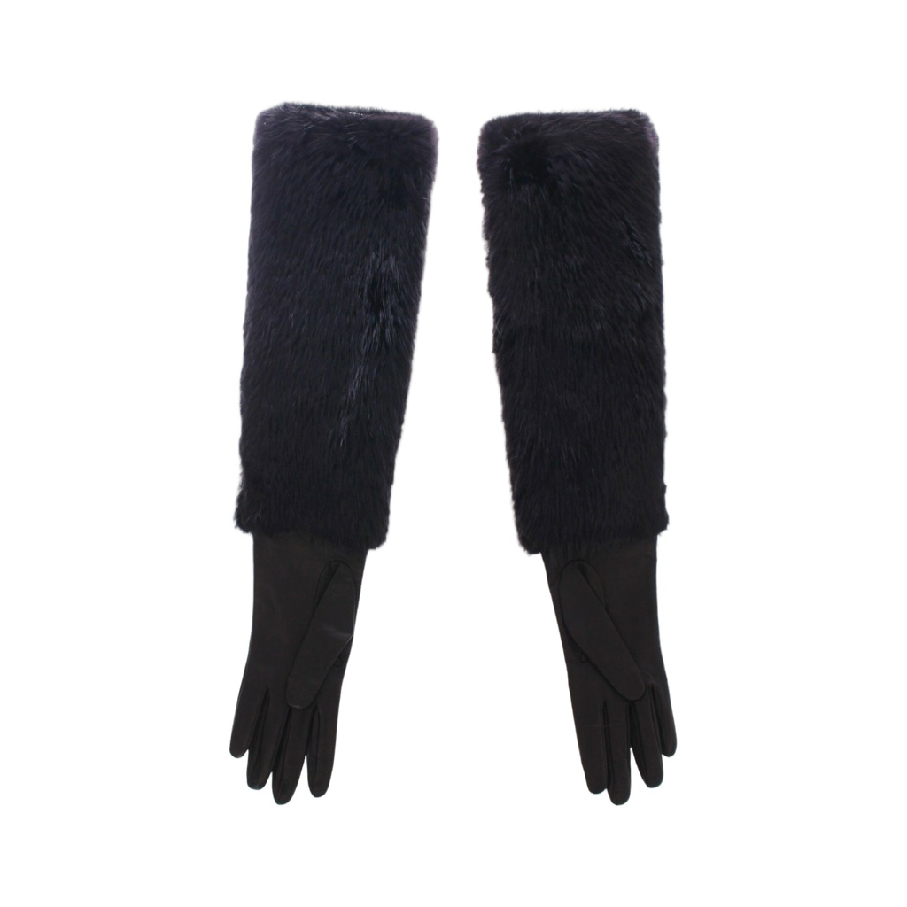 Black Beaver Fur Lambskin Leather Elbow Gloves