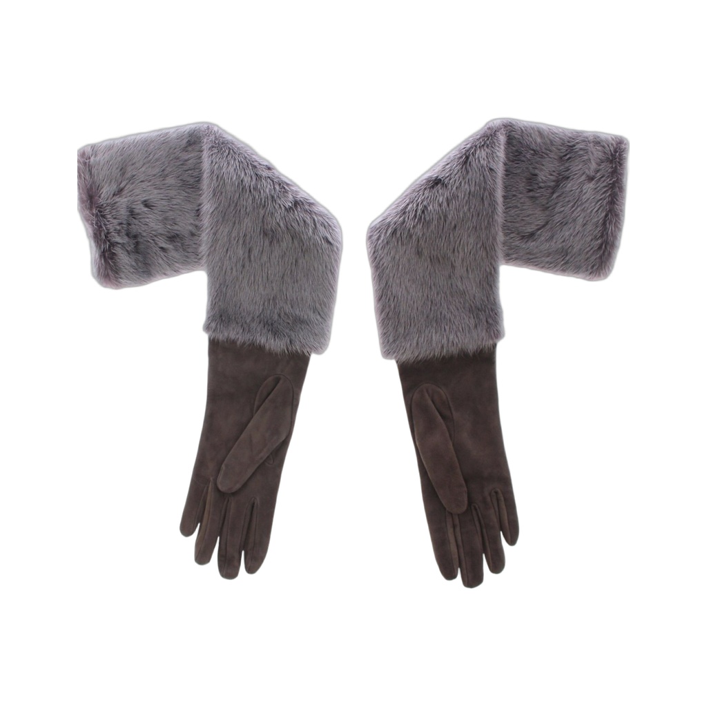 Gray Mink Fur Lambskin Suede Leather Gloves