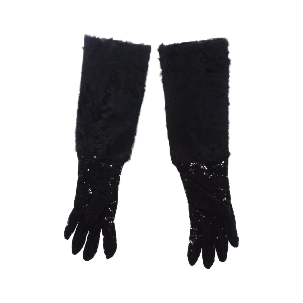 Black Lace Wool Lambskin Fur Elbow Gloves