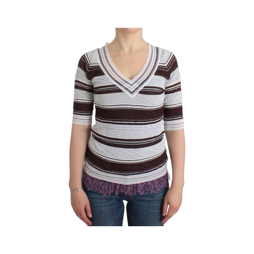 Striped Lace V-Neck Short Sleeve Top Sweater