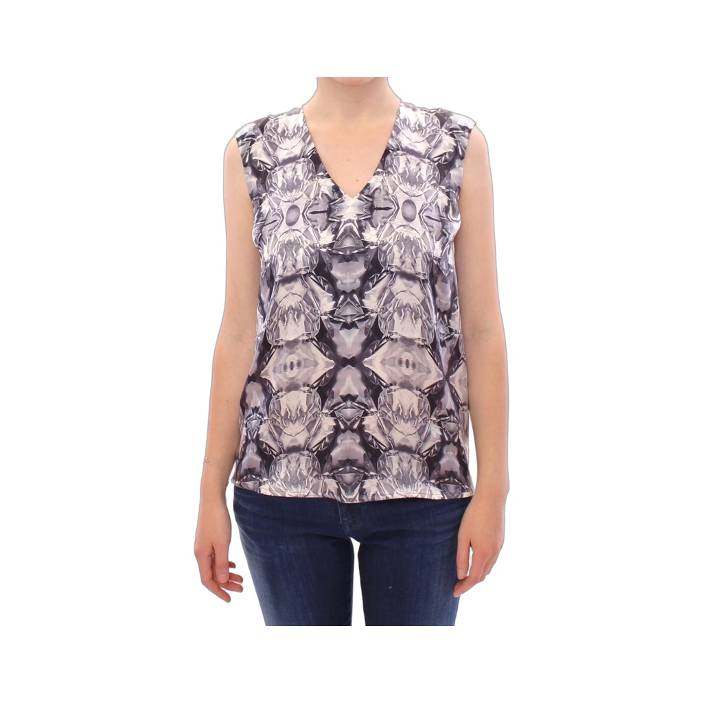 Gray Blue Silk Sleeveless Top Shirt Blouse