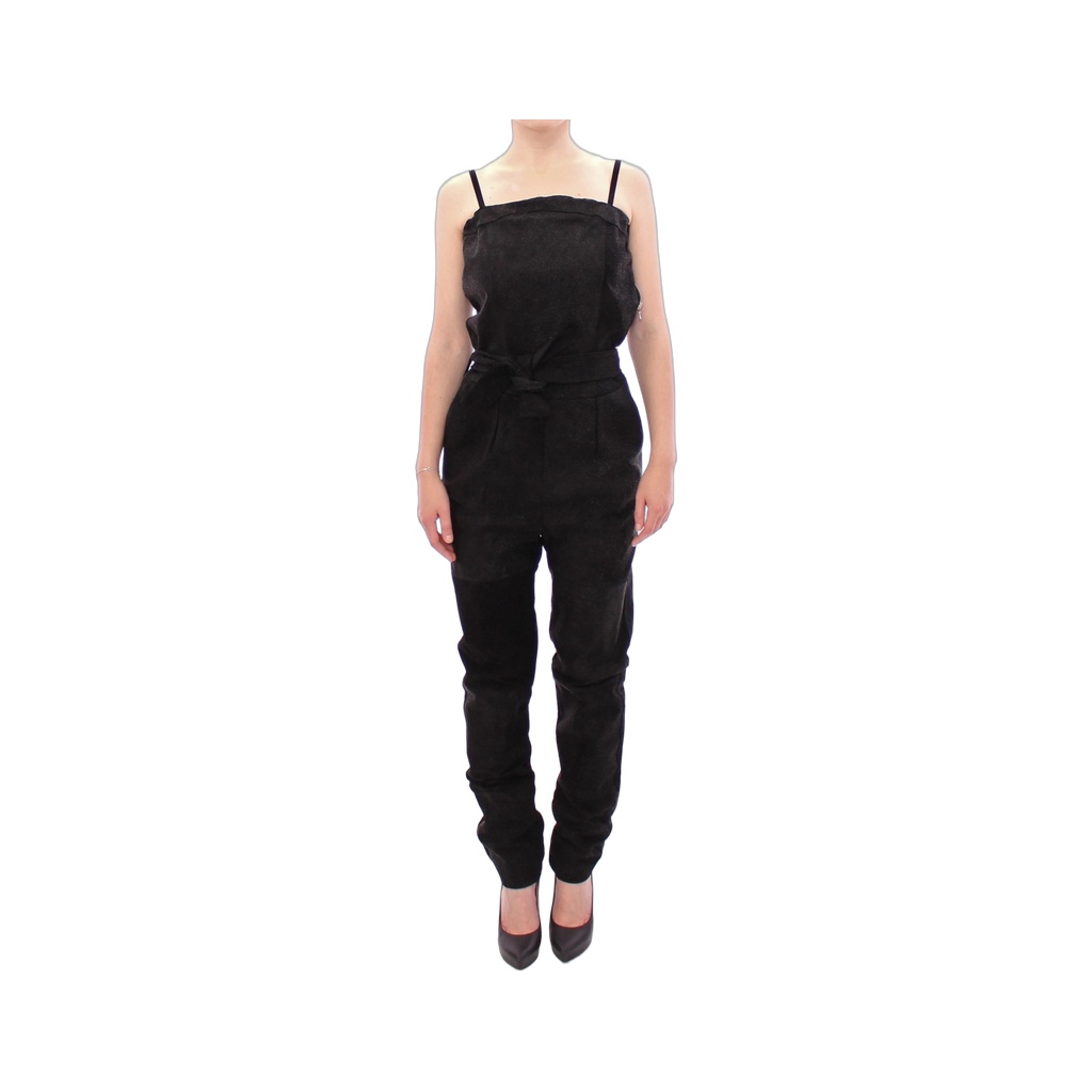 Elegant Black Leather Jumpsuit with Waist Strap