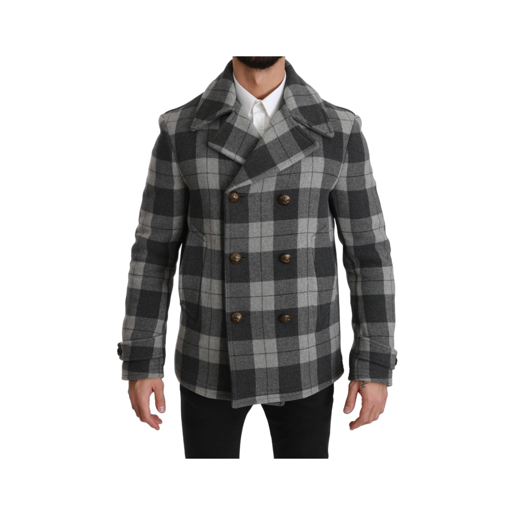 Elegant Gray Check Double Breasted Coat