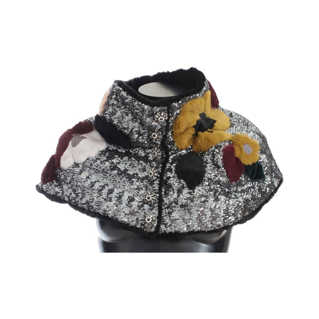 Silver Sequined Floral Weasel Fur Shoulder Scarf Wrap