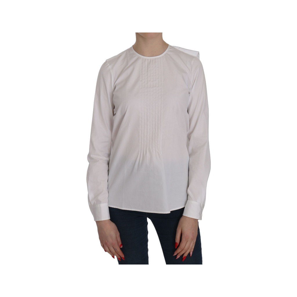 White Crew Neck Long Sleeve Cotton Blouse