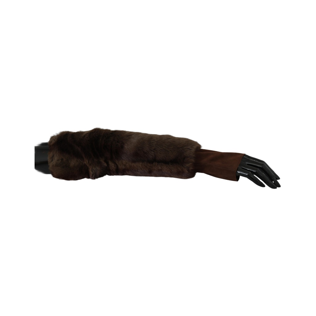 Brown Elbow Length Finger Less Fur Gloves