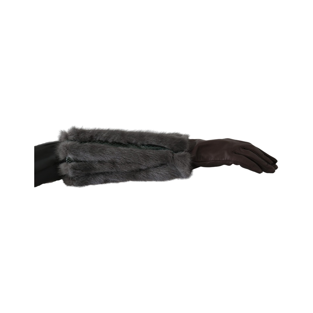Brown Mid Arm Length Leather Fur Gloves