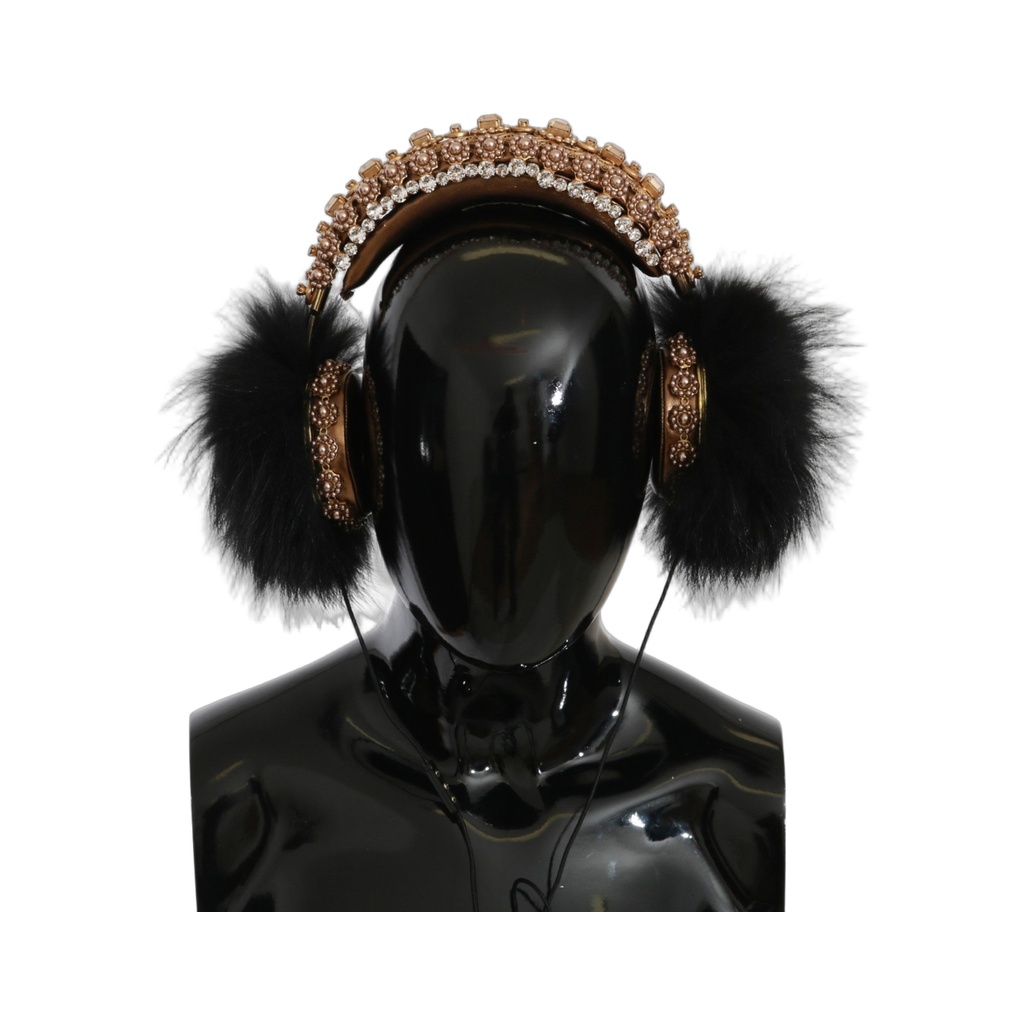 Gold Black Crystal Fur Headset Audio Headphones