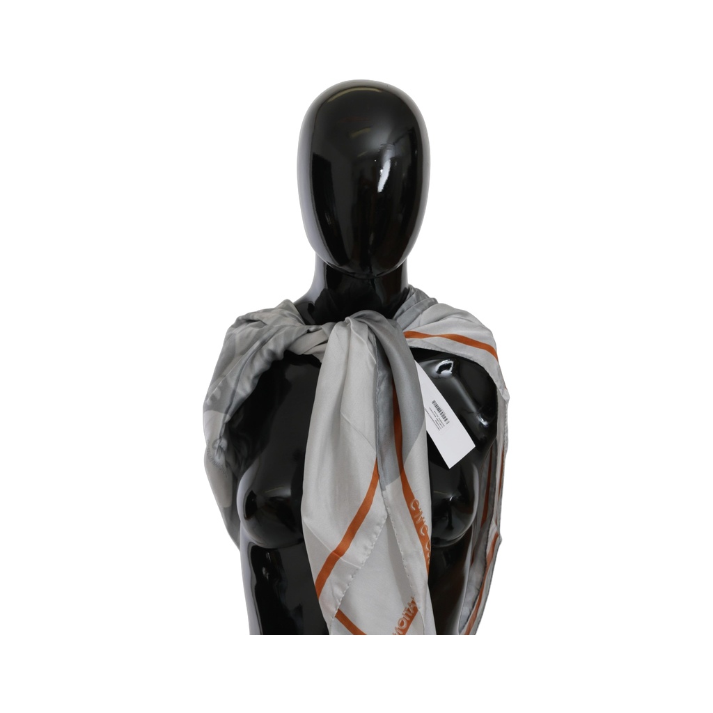 Gray Orange Silk Floral Foulard Wrap Scarf