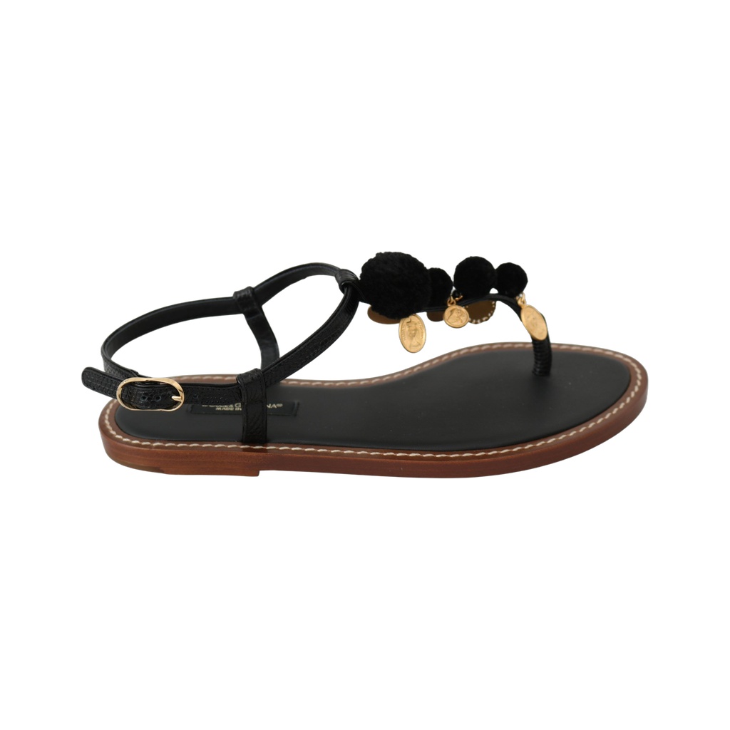 Black Leather Coins Flip Flops Sandals Shoes