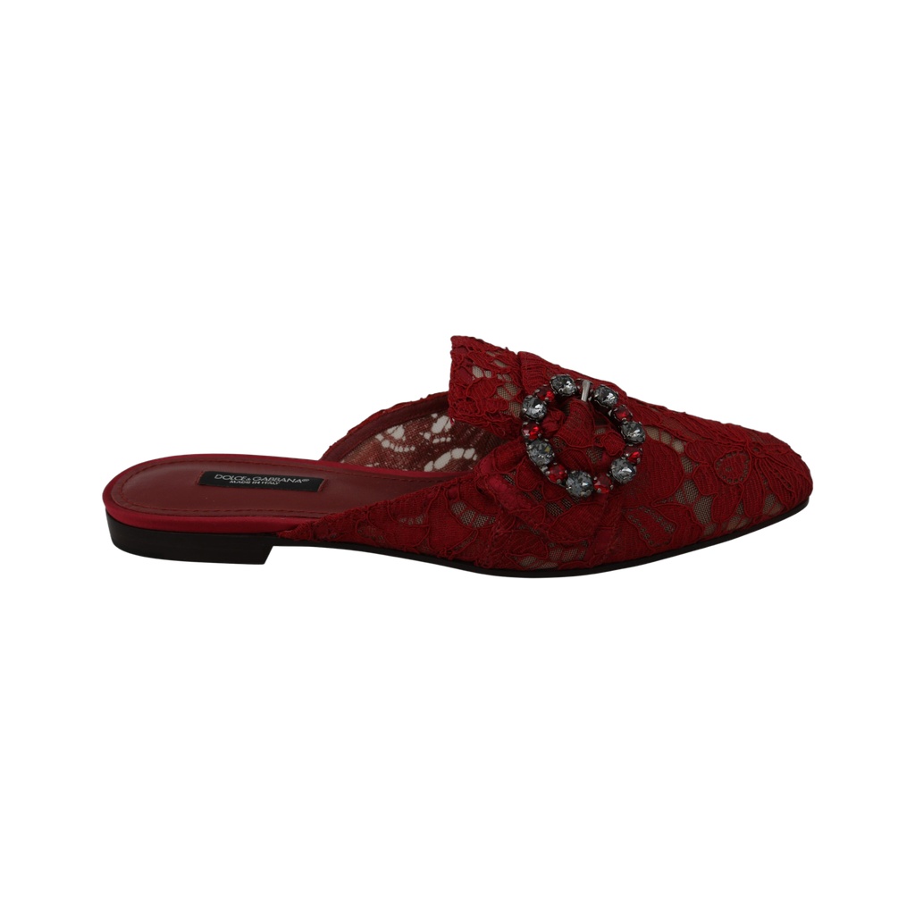 Red Lace Crystal Slide On Flats Shoes