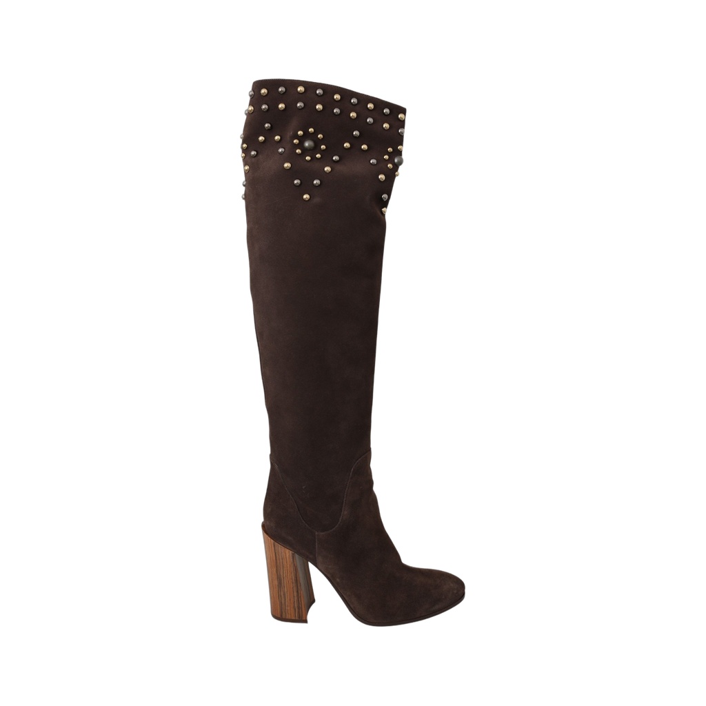 Brown Suede Studded Knee High Shoes Boots