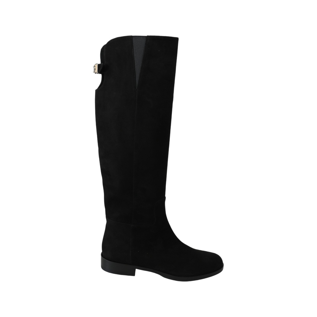 Black Suede Knee High Flat Boots Shoes