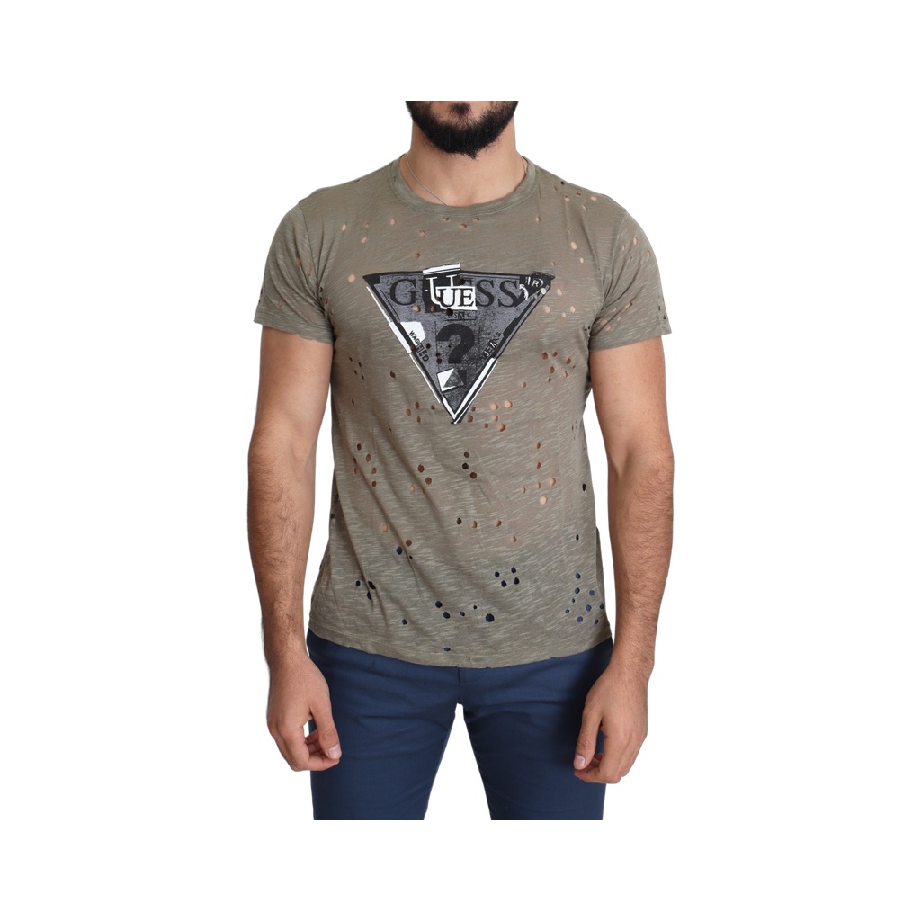 Brown Cotton Stretch Logo Print Men Casual Perforated T-shirt