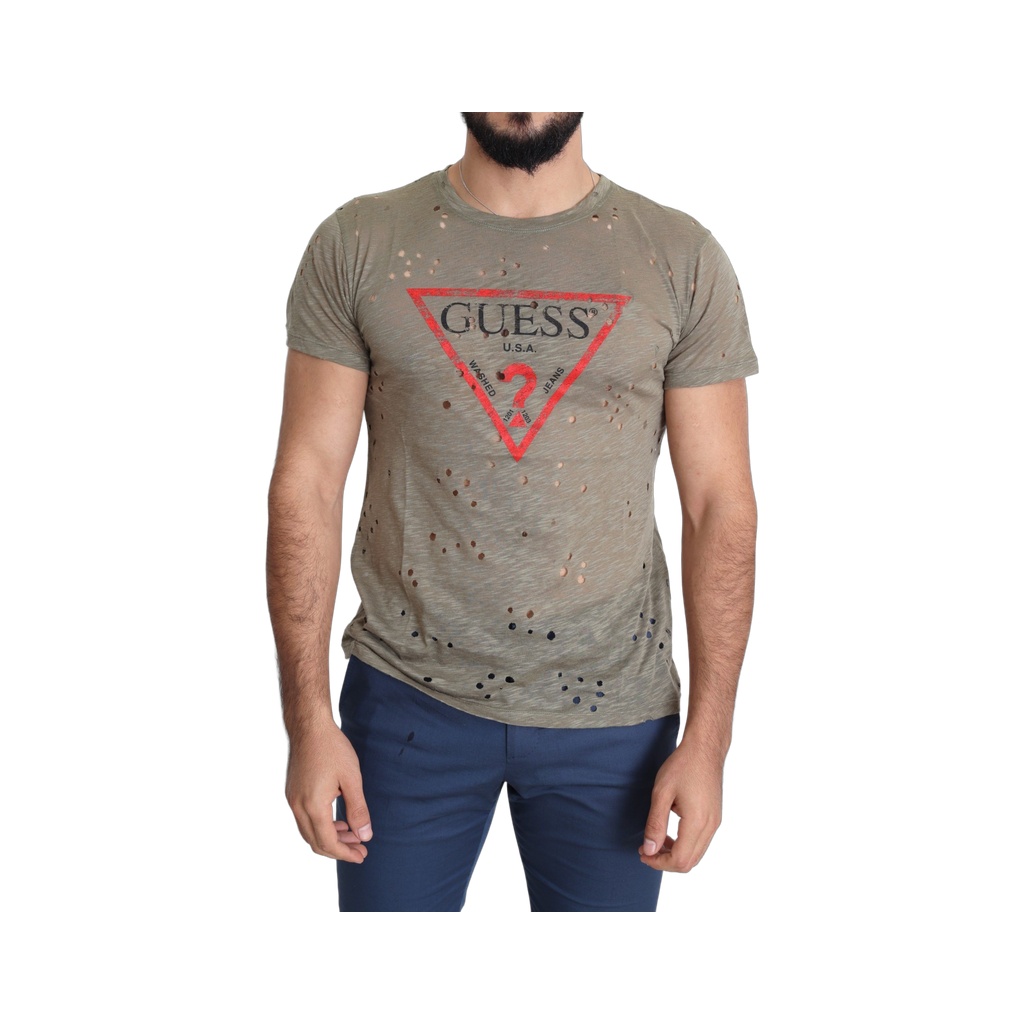 Brown Cotton Stretch Logo Print Men Casual Perforated T-shirt