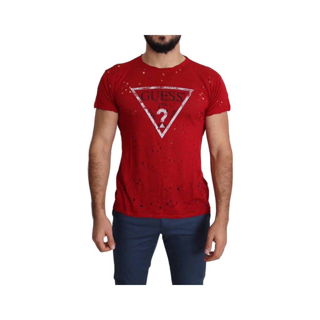 Red Cotton Logo Print Men Casual Top Perforated T-shirt