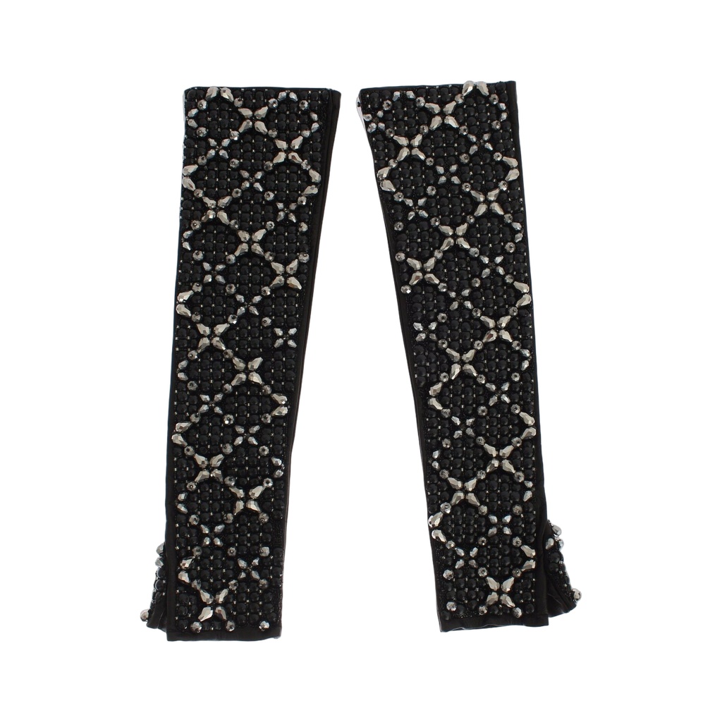 Black Leather Crystal Beaded Finger Free Gloves