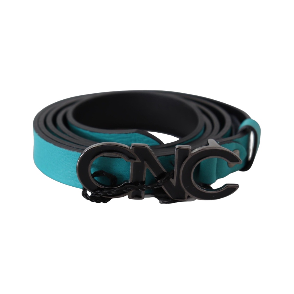 Blue Green Leather Logo Silver Buckle Belt