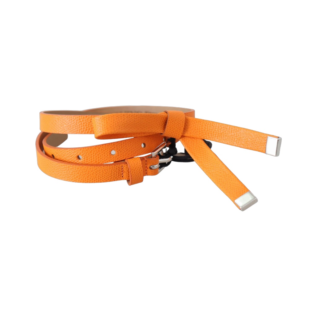Orange Tangerine Leather Slim Silver Metal Buckle Belt