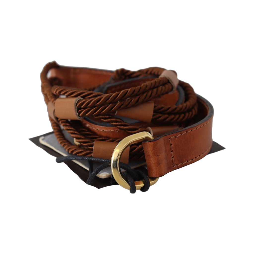 Brown Leather Braided Rope Gold Buckle  Belt