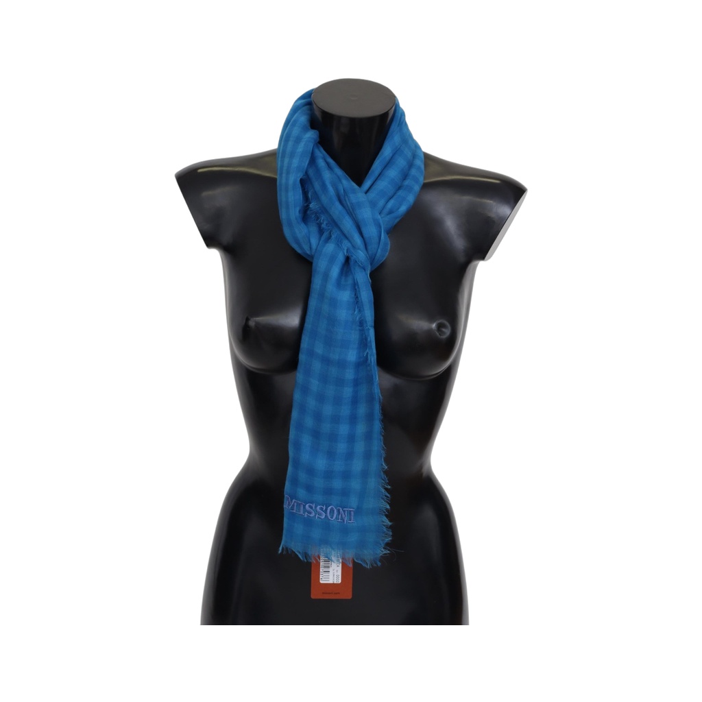 Blue Checkered Cashmere Unisex Wrap Fringes Scarf