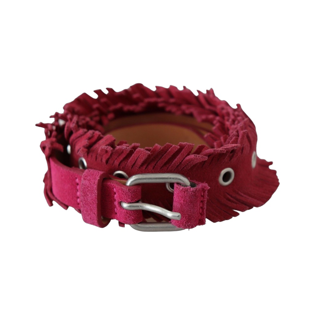 Maroon Leather Fringes Silver Buckle Waist Belt