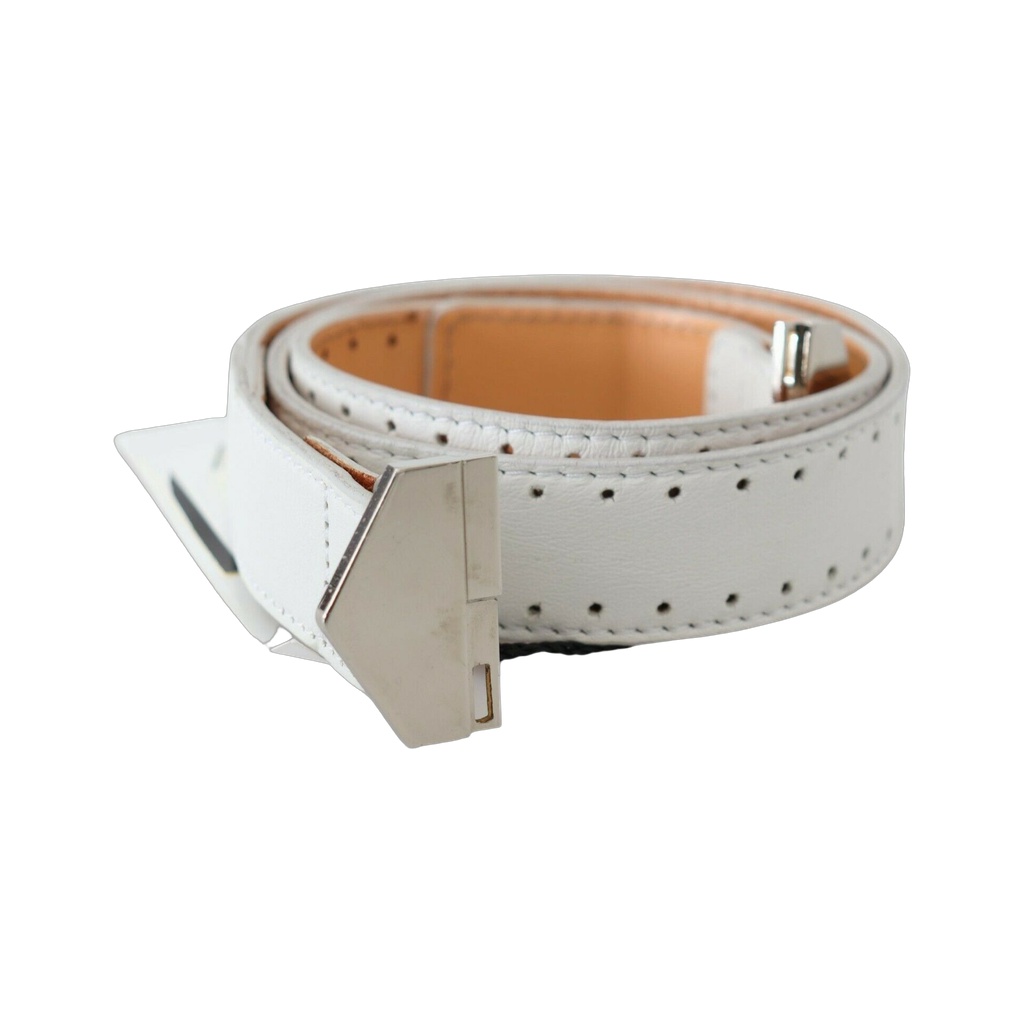 White Leather Hexagon Logo Buckle Waist Belt