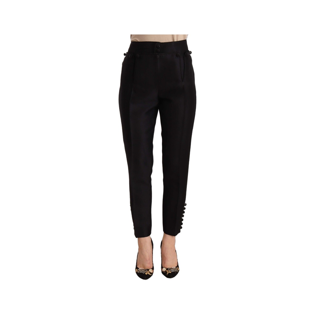 Black Button Embellished Cropped High Waist Pants