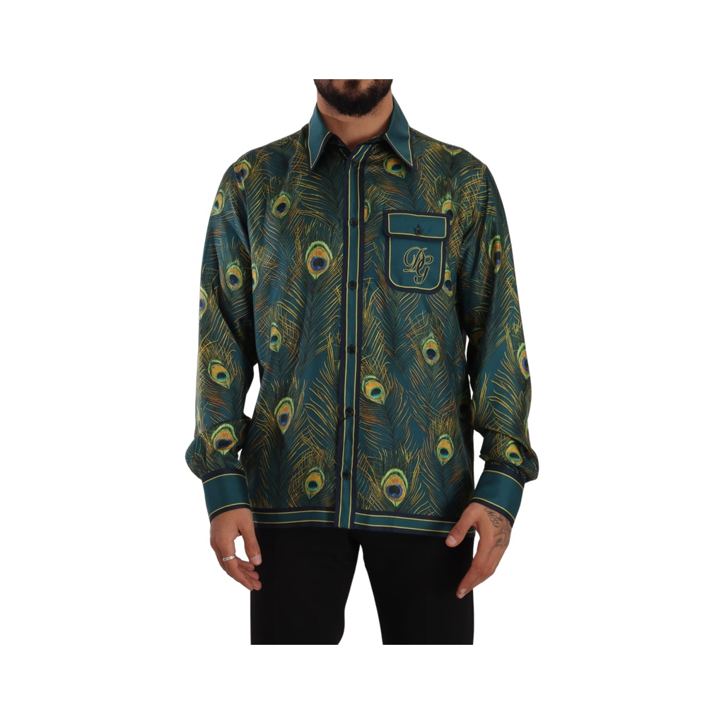 Peacock Feather Print Silk Shirt