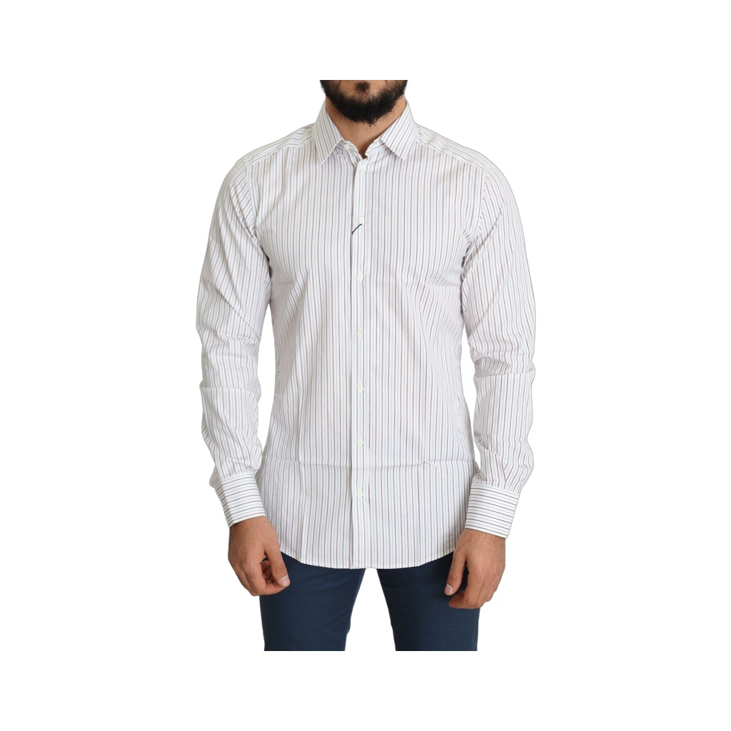 Elegant White Striped Cotton Dress Shirt