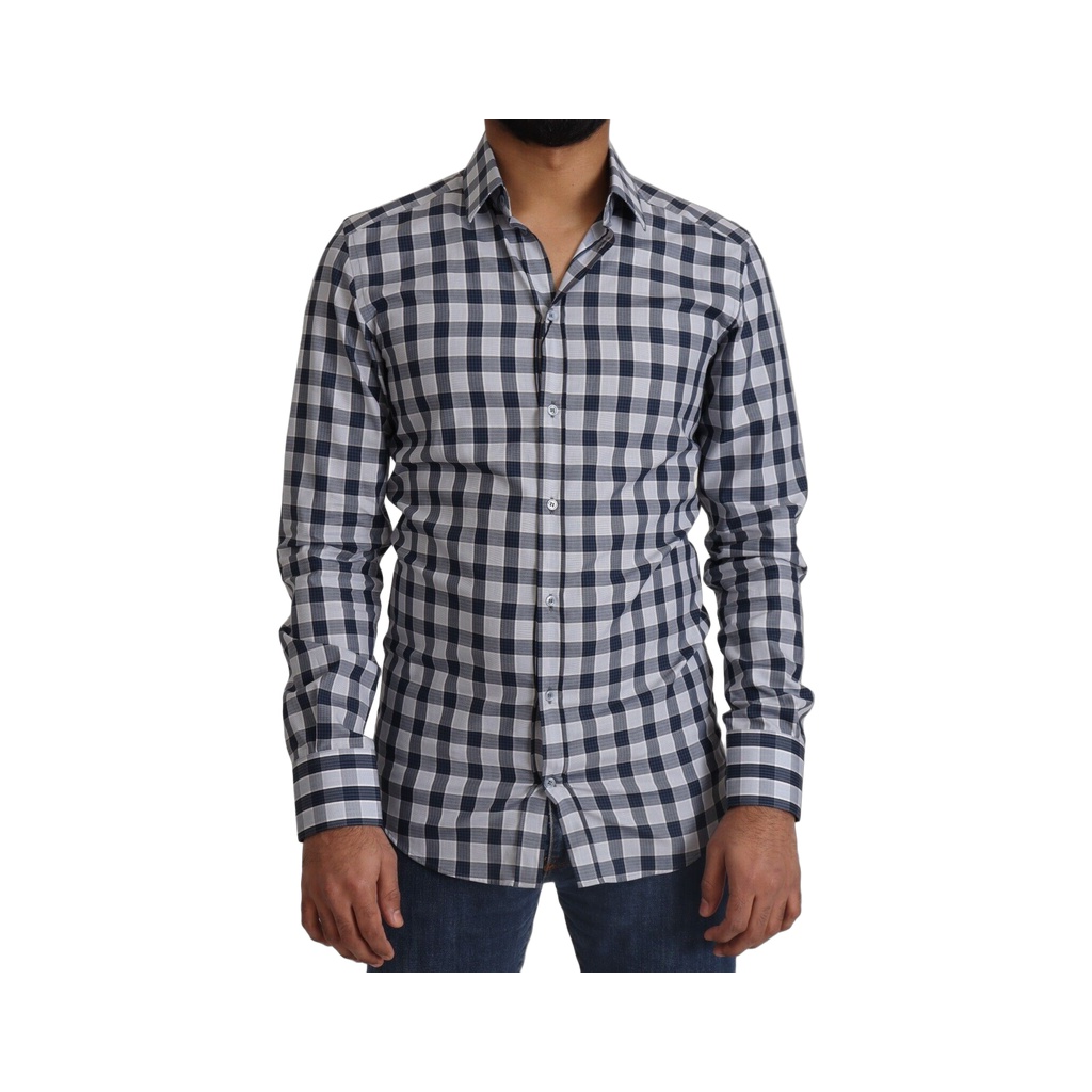 Elegant Blue & White Checkered Slim Fit Dress Shirt
