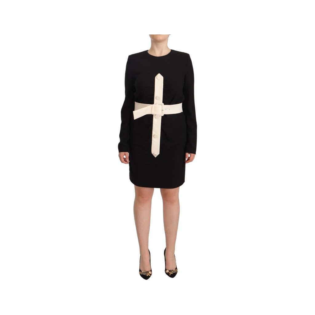 Black Wool Long Sleeves Belted Mini Sheath Dress