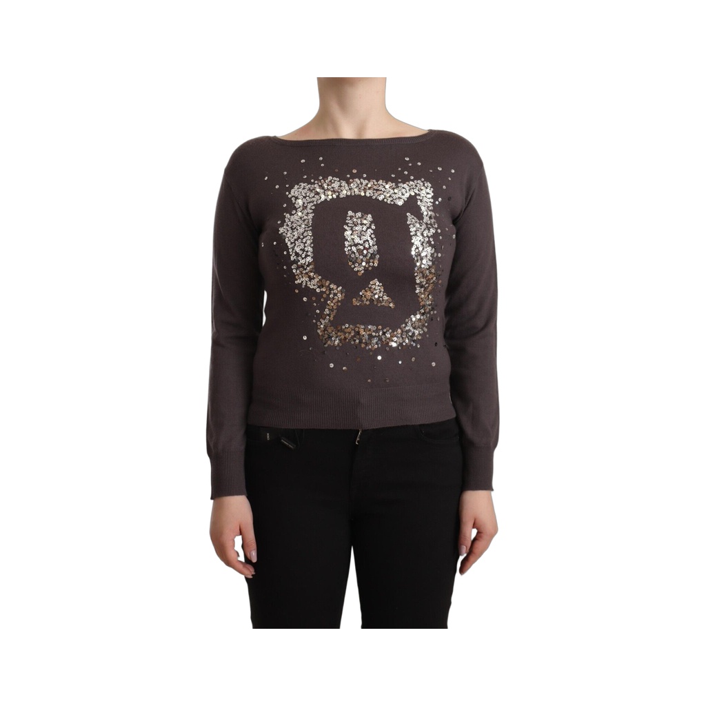 Brown Wool Sequined Long Sleeves Pullover Sweater