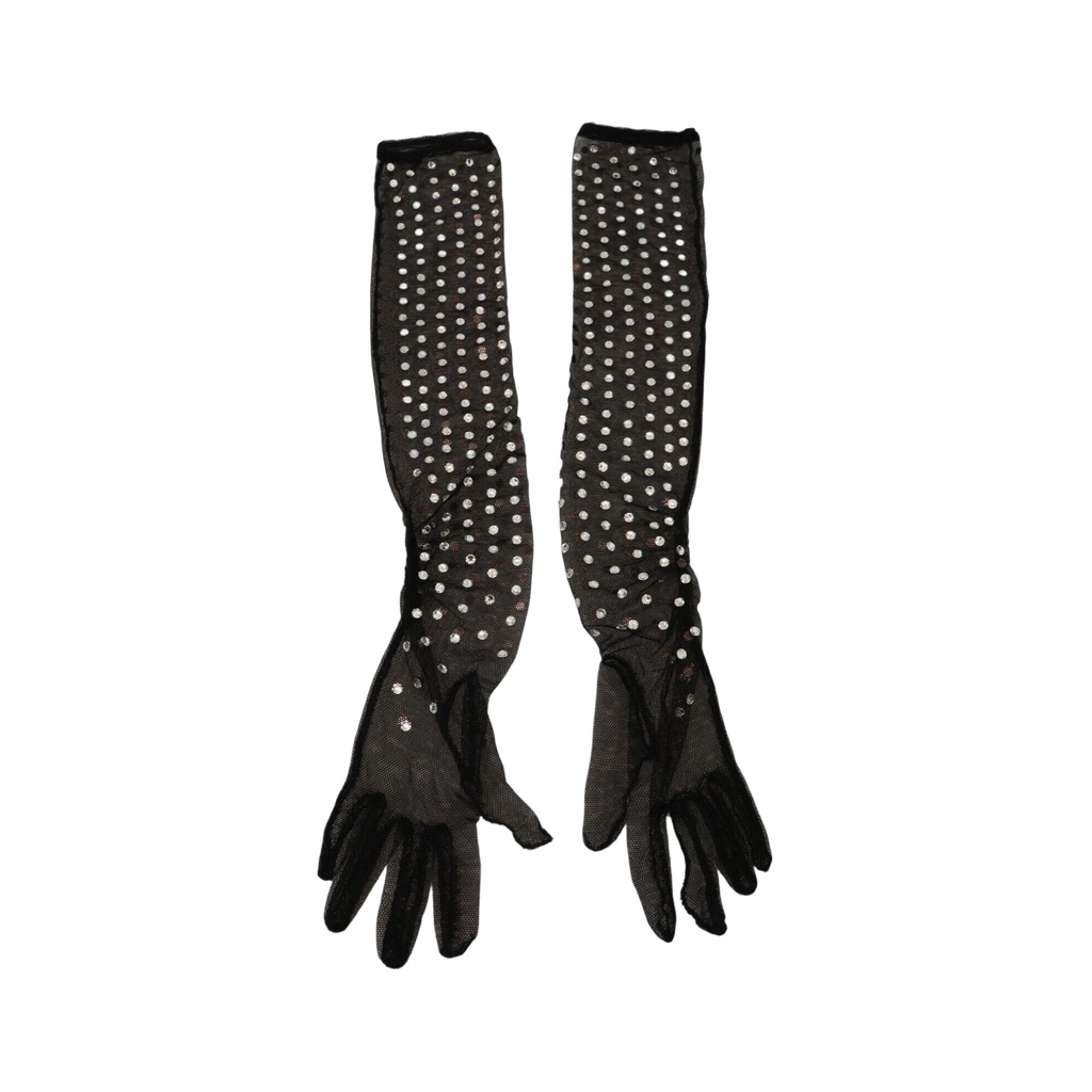 Black Crystal Elbow Length Cotton Tulle Gloves