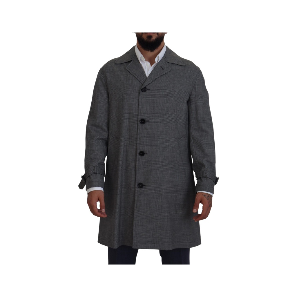 Elegant Gray Plaid Trench Coat