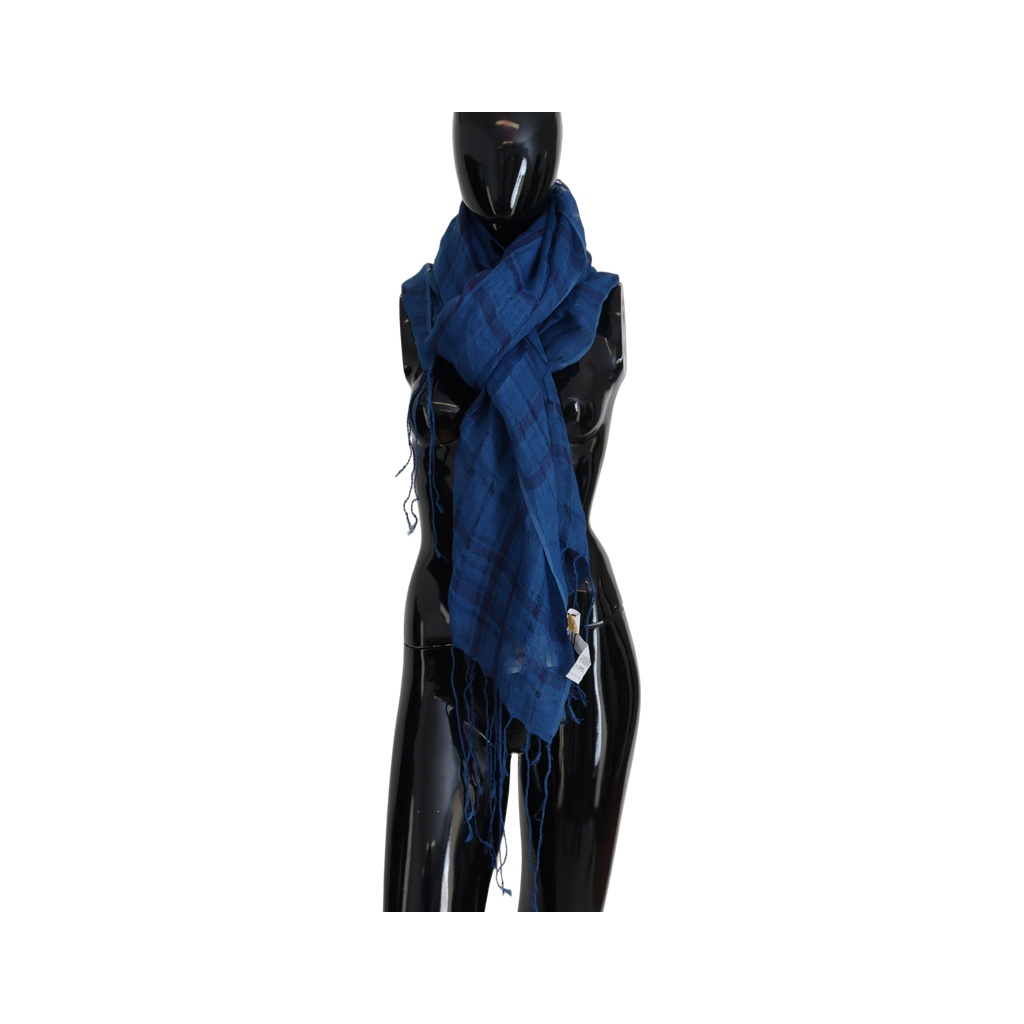 Blue Linen Shawl Foulard Fringes Scarf