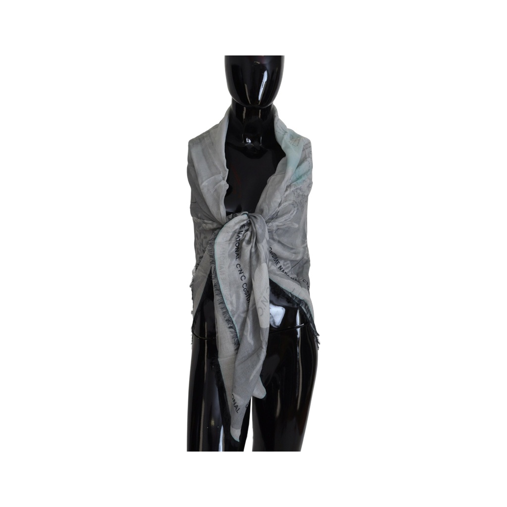Gray Print Shawl Foulard Fringes Scarf