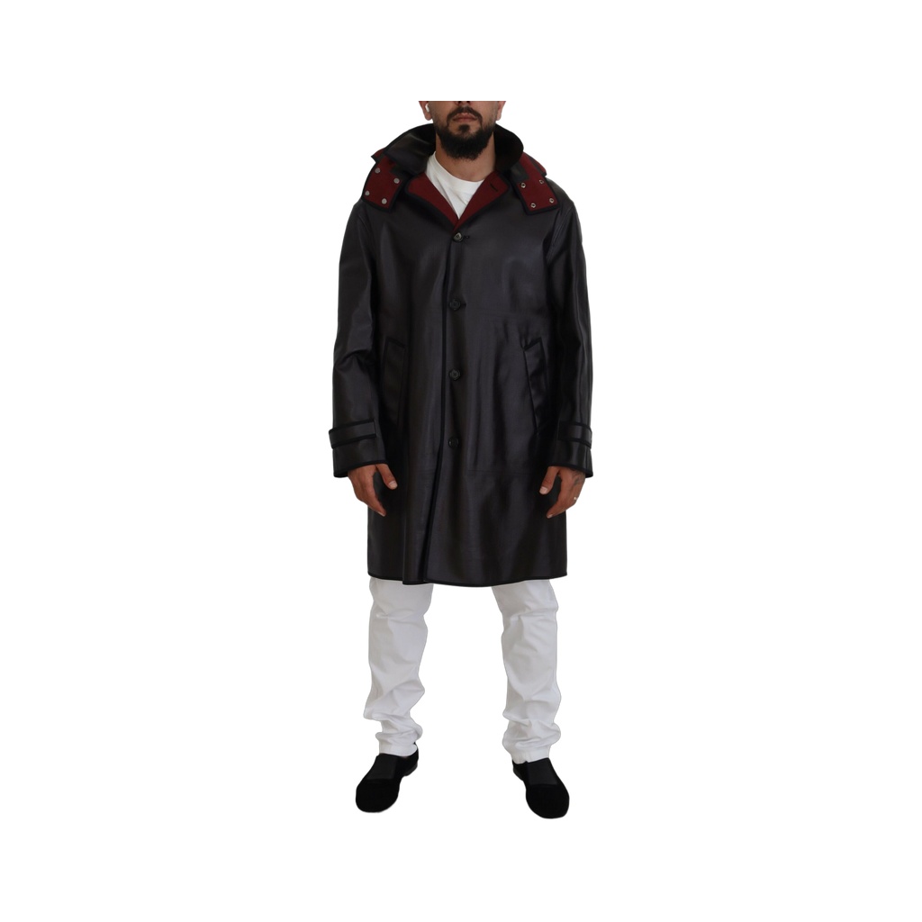 Elegant Hooded Parka Coat in Black and Bordeaux