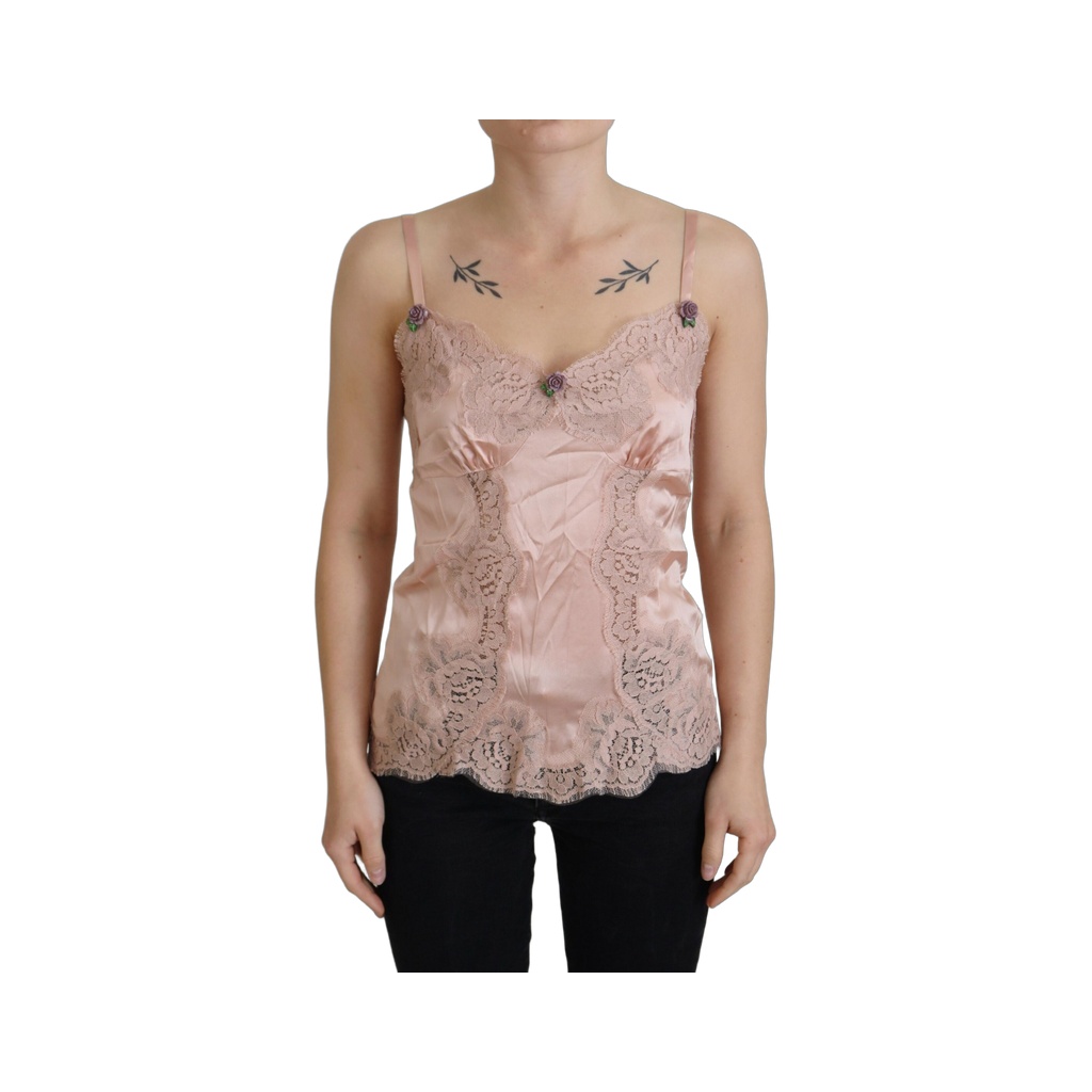 Pink Satin Lace Roses Tank Top Lingerie