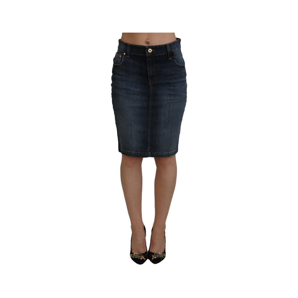 Dark Blue Washed Mid Waist Pencil Cut Denim Skirt