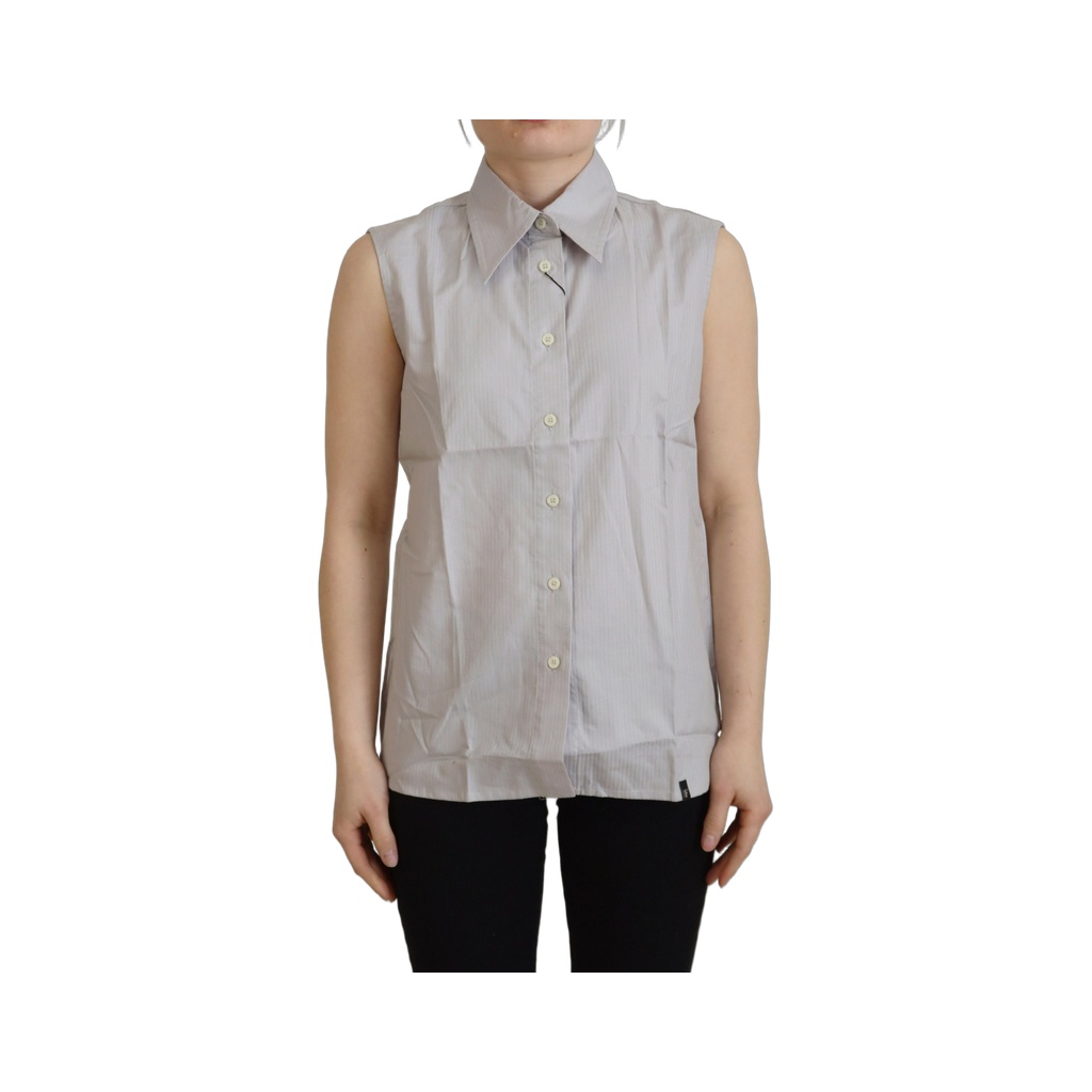 Light Gray Stripes Cotton Sleeveless Collared Top