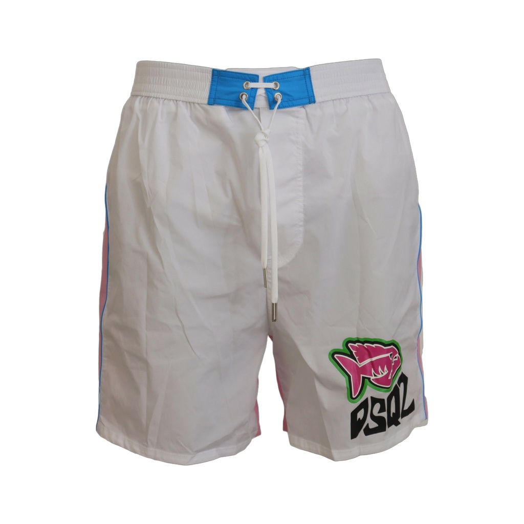 Chic White & Pink Print Swim Shorts