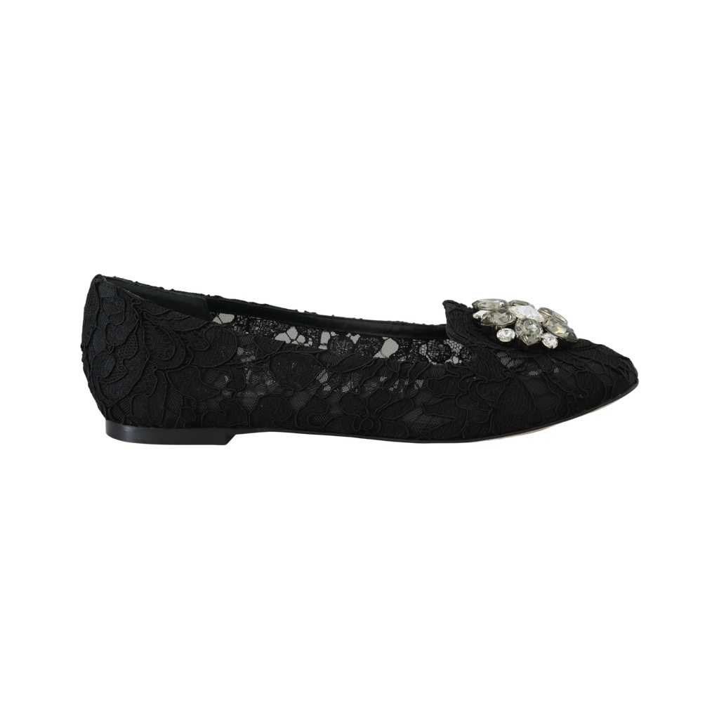 Black Taormina Lace Crystals Flats Shoes
