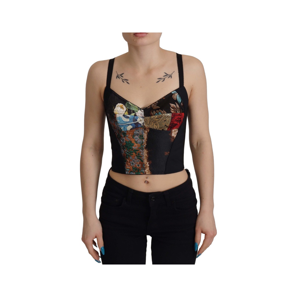 Black Patchwork Sicily Blouse Corset Cropped Top