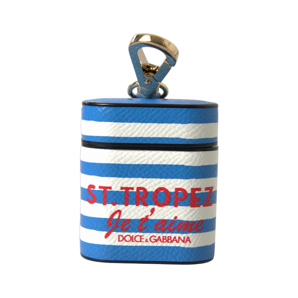 Blue Stripe Dauphine Leather Logo Print Airpod Case