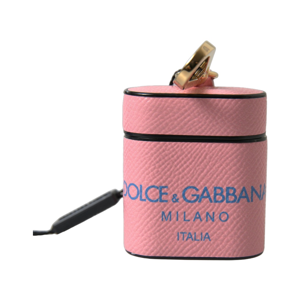 Pink Blue Calf Leather Logo Print Strap Airpods Case
