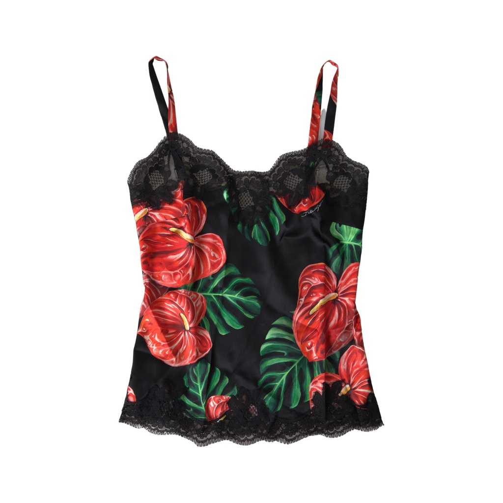 Black Anthurium Print Silk Camisole Top Underwear