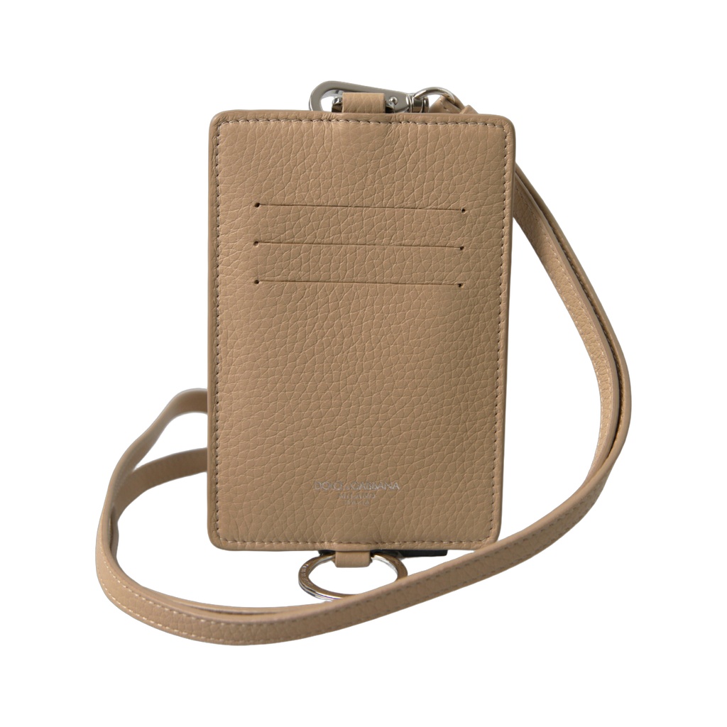 Beige Leather Lanyard Logo Card Holder Men Wallet
