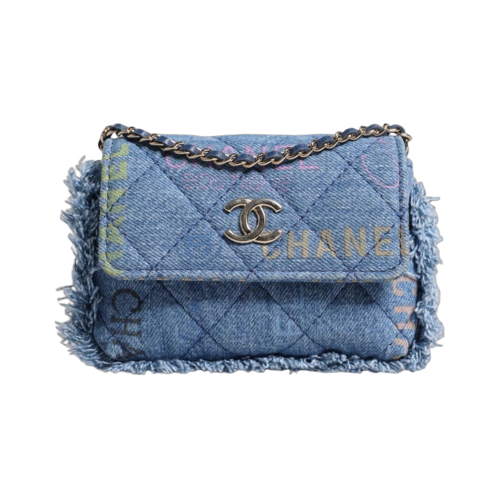 Denim Mood Flap Micro Logo Printed Fringed Shoulder Bag