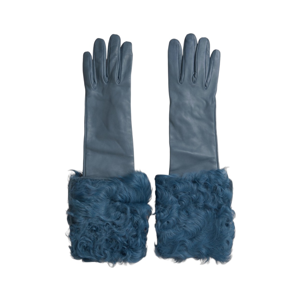 Blue Leather Fur Mid Arm Length Gloves
